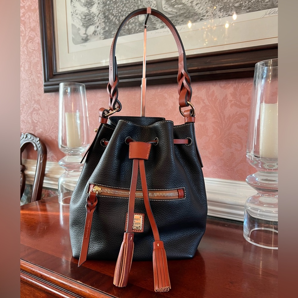 Dooney & Bourke Black Logan Drawstring Bag in Pebble Leather and Florentine Trim
